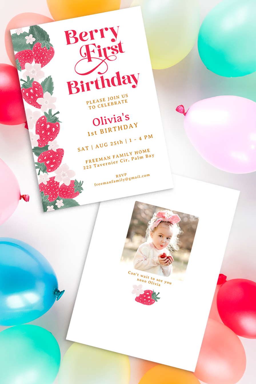 Berry First Birthday invitation with strawberries and matching photo insert card for a girl’s first birthday party.