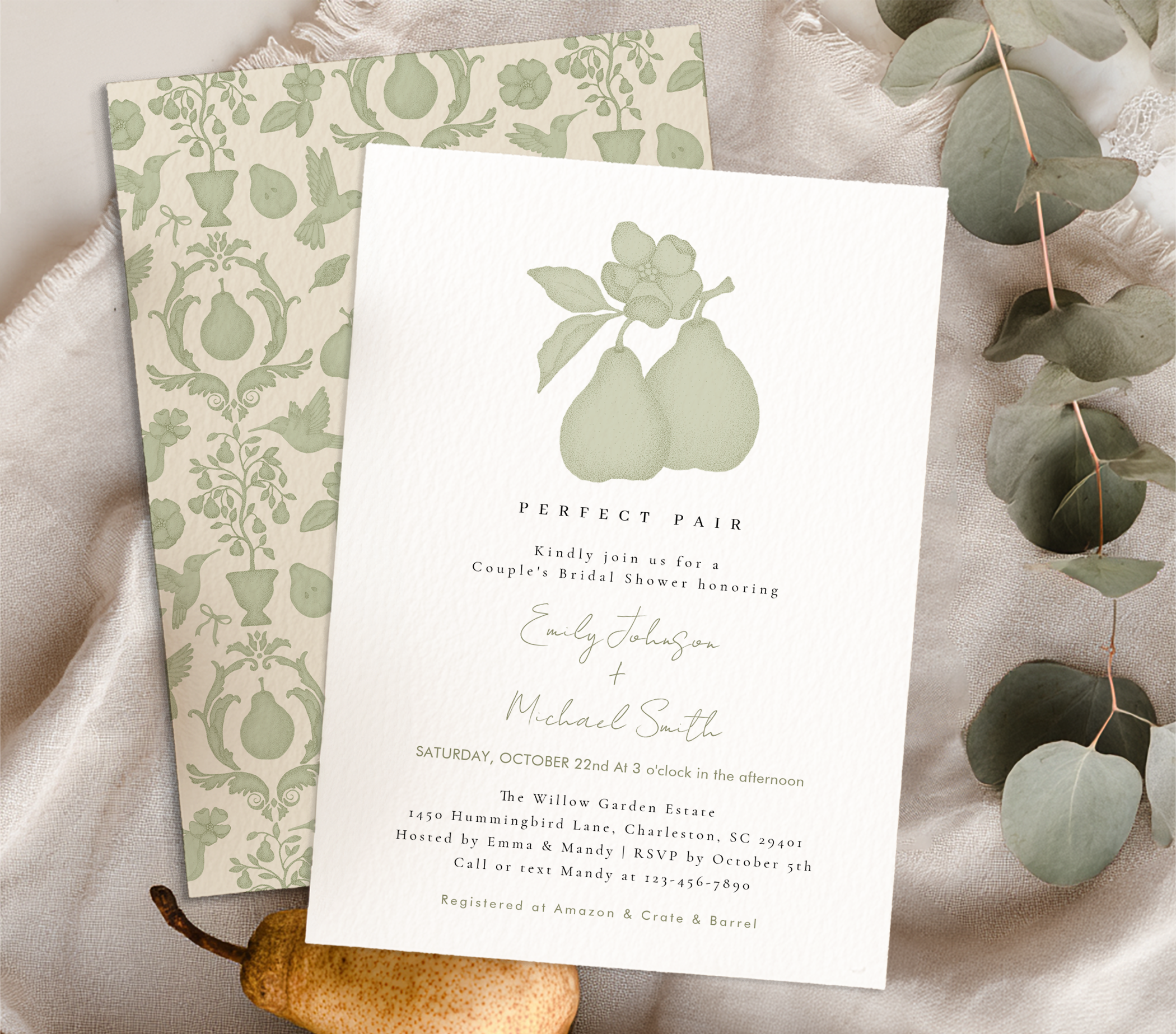 Sage green perfect pear bridal shower welcome sign on easel with soft vintage styling