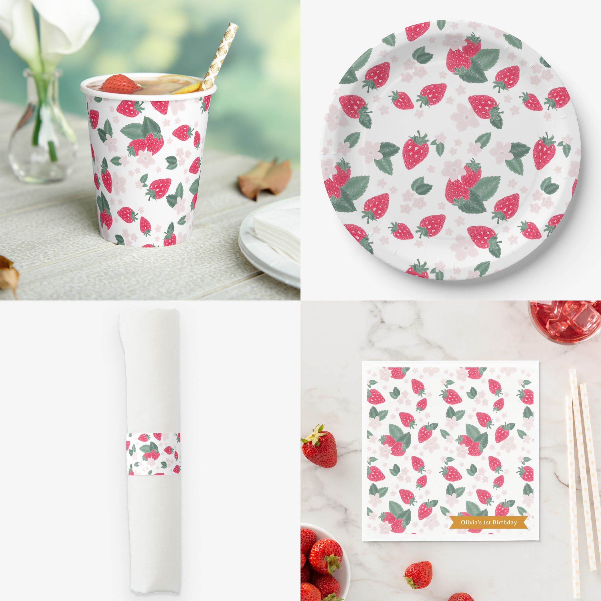 Berry First Birthday party decor flatlay with strawberry wrapping paper, pink gingham accents, and matching gift packaging.