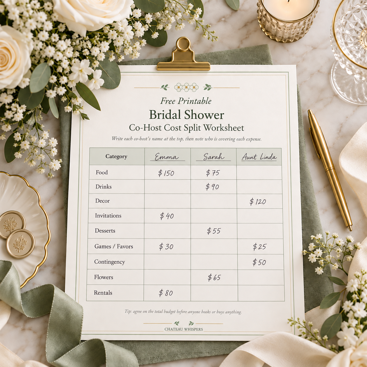 Styled flat lay of a free printable bridal shower co-host cost split worksheet with blank host columns and expense categories including food, drinks, decor, invitations, desserts, games or favors, contingency, and extra blank lines for custom costs.