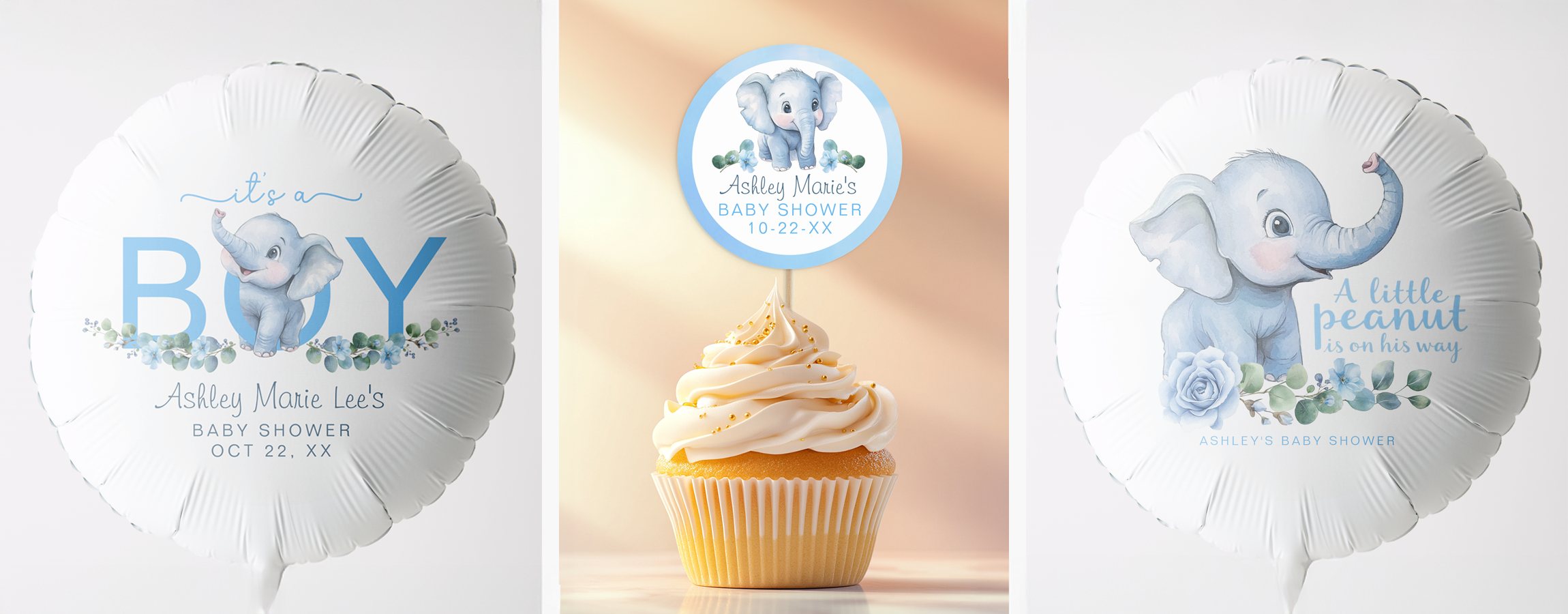 Blue elephant baby shower favors and decor including balloon designs, cupcake topper, and favor stickers for baby boy shower