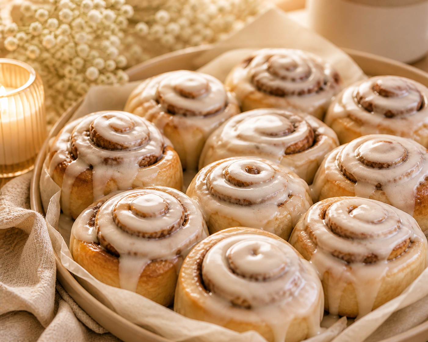 Close-up of warm glazed cinnamon rolls on a tray with soft neutral linens, candlelight, and cozy bakery-style baby shower styling.