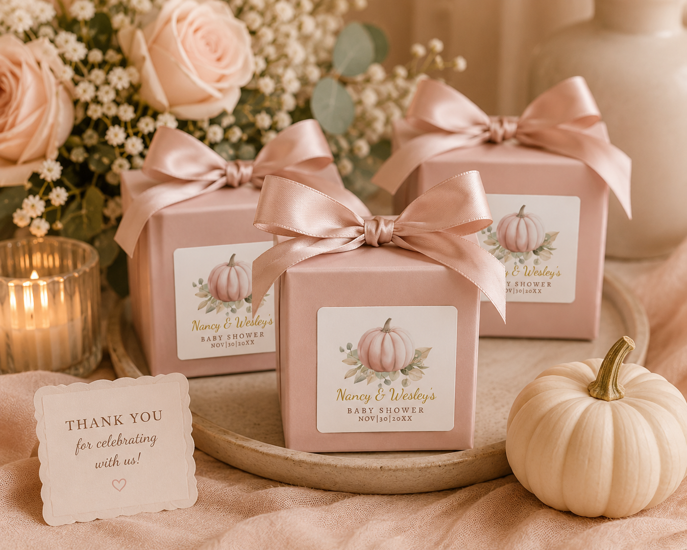 Three blush peach baby shower favor boxes with satin champagne ribbon bows and personalized pumpkin stickers displayed on a tray beside soft roses, candles, and a white velvet pumpkin in a warm romantic fall baby shower setting.