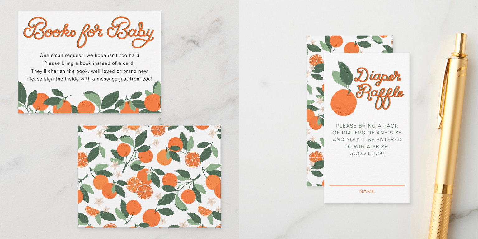 Baby shower insert cards including diaper raffle and books for baby with citrus clementine design and clean white layout.