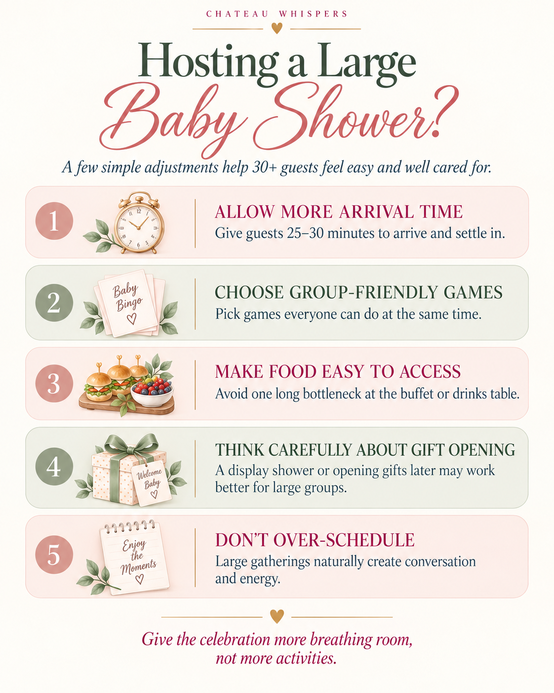Infographic with five tips for hosting a large baby shower with 30 or more guests, including arrival time, group games, food access, gift opening, and scheduling.