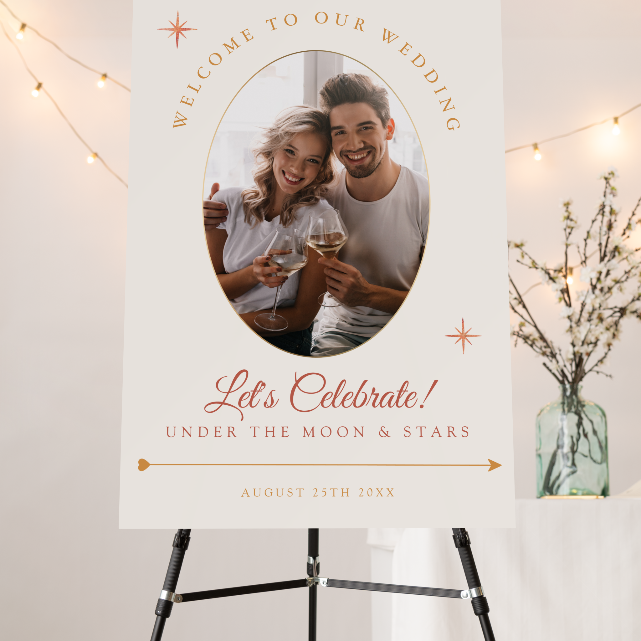 Celestial terracotta wedding welcome sign featuring moon and stars theme