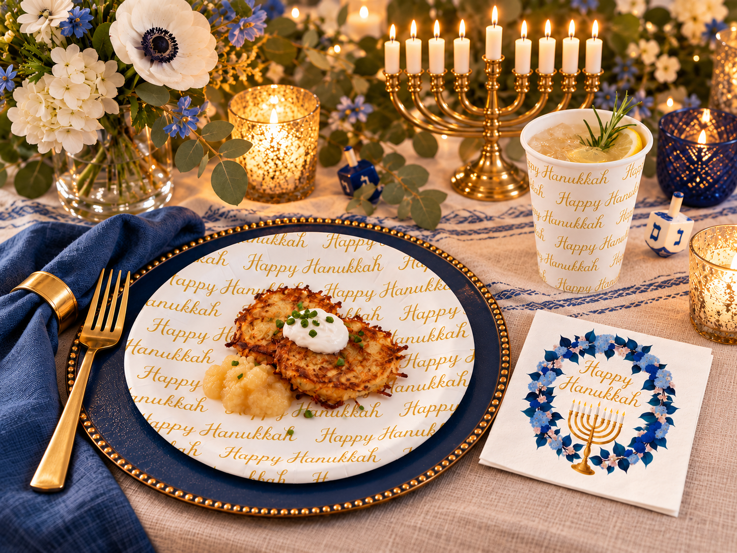 Elegant Hanukkah table setting featuring gold-script Happy Hanukkah paper plates, blue floral cocktail napkins, matching paper cups, potato latkes, a gold menorah, and navy blue and gold decorations.