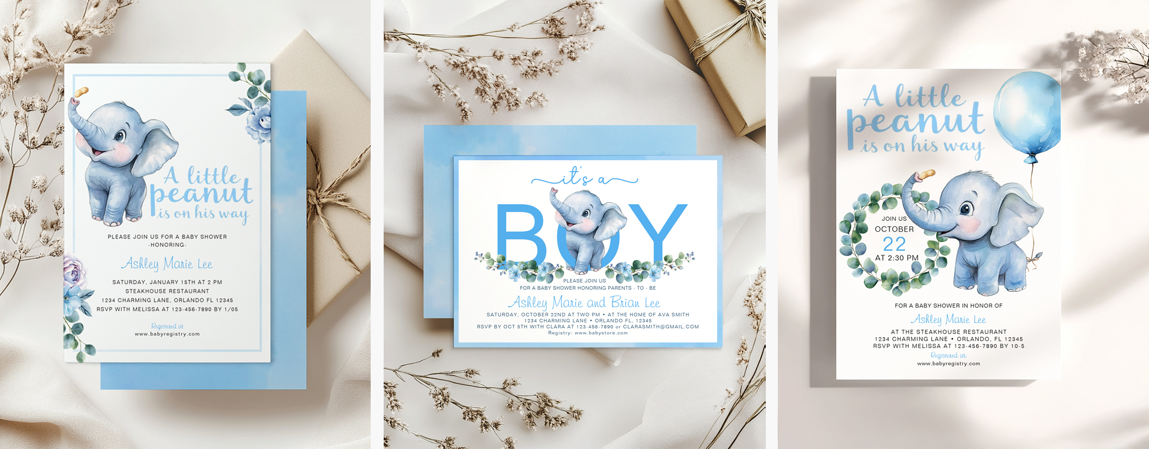 Blue elephant baby shower invitations with watercolor design in soft blue tones for baby boy shower theme