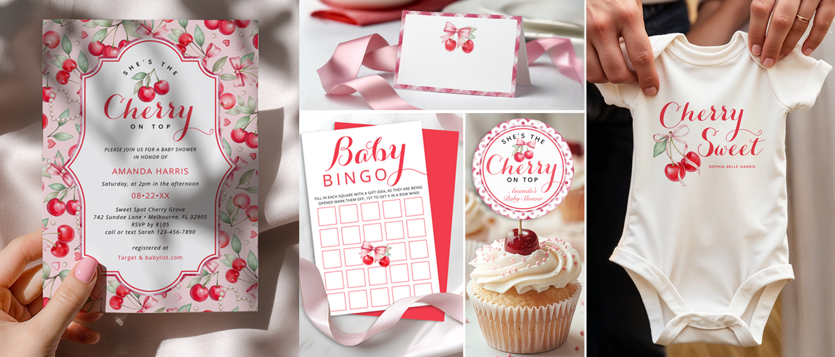 Cherry on Top baby shower theme featuring a cherry-pattern invitation, baby bingo game card, cupcake topper, and cherry-themed baby outfit in a sweet coquette-inspired design.