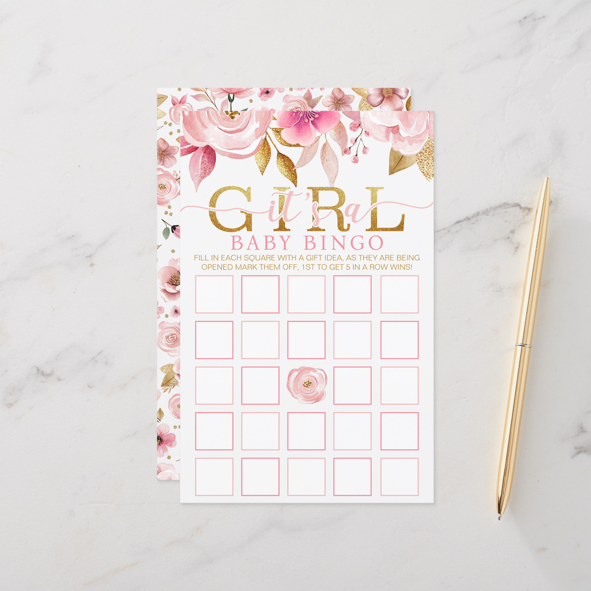 Blush pink floral baby shower bingo game card with delicate watercolor flowers