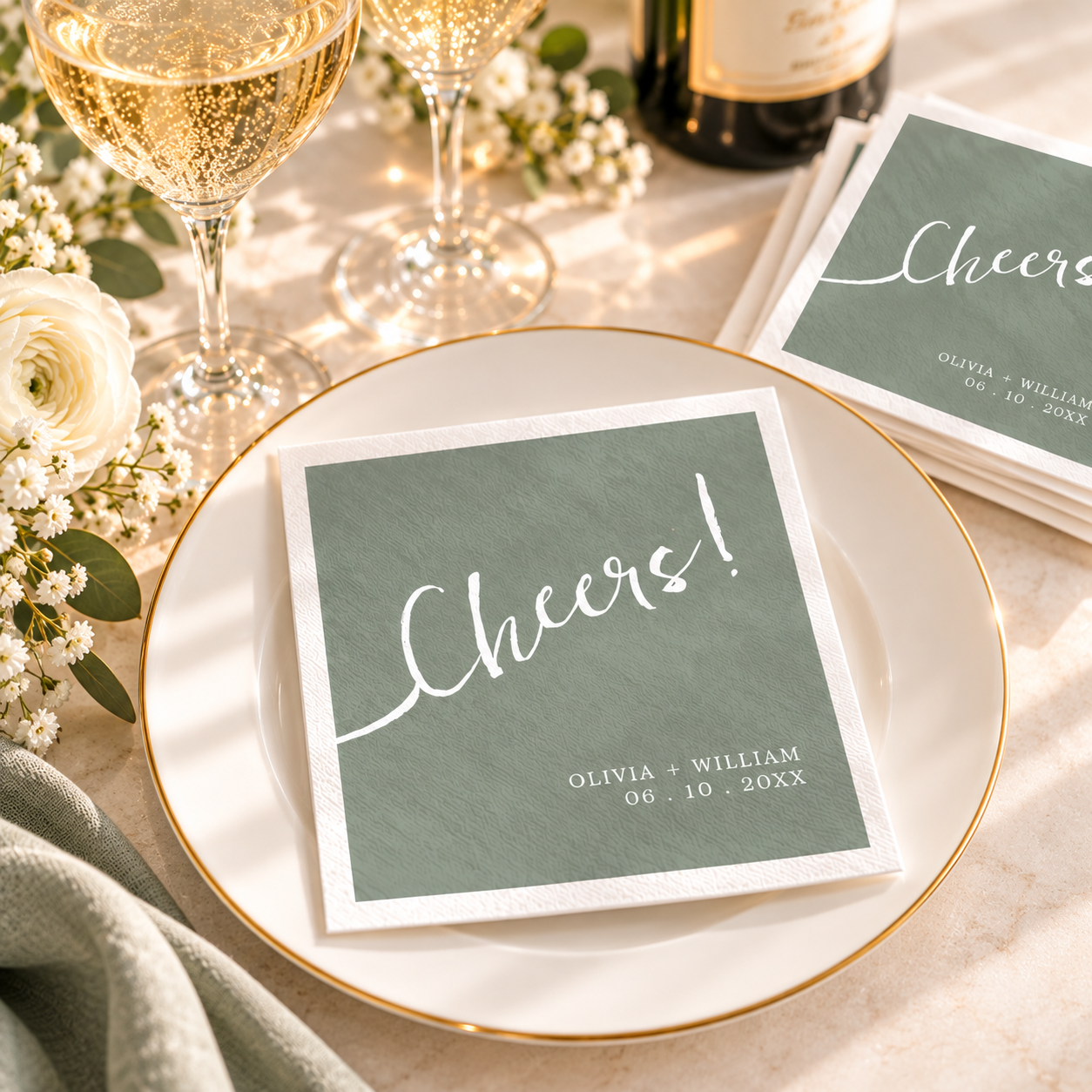 Sage green personalized “Cheers!” wedding napkin displayed on a white gold-rimmed plate with champagne glasses, a champagne bottle, white flowers, greenery, and soft neutral table linens.
