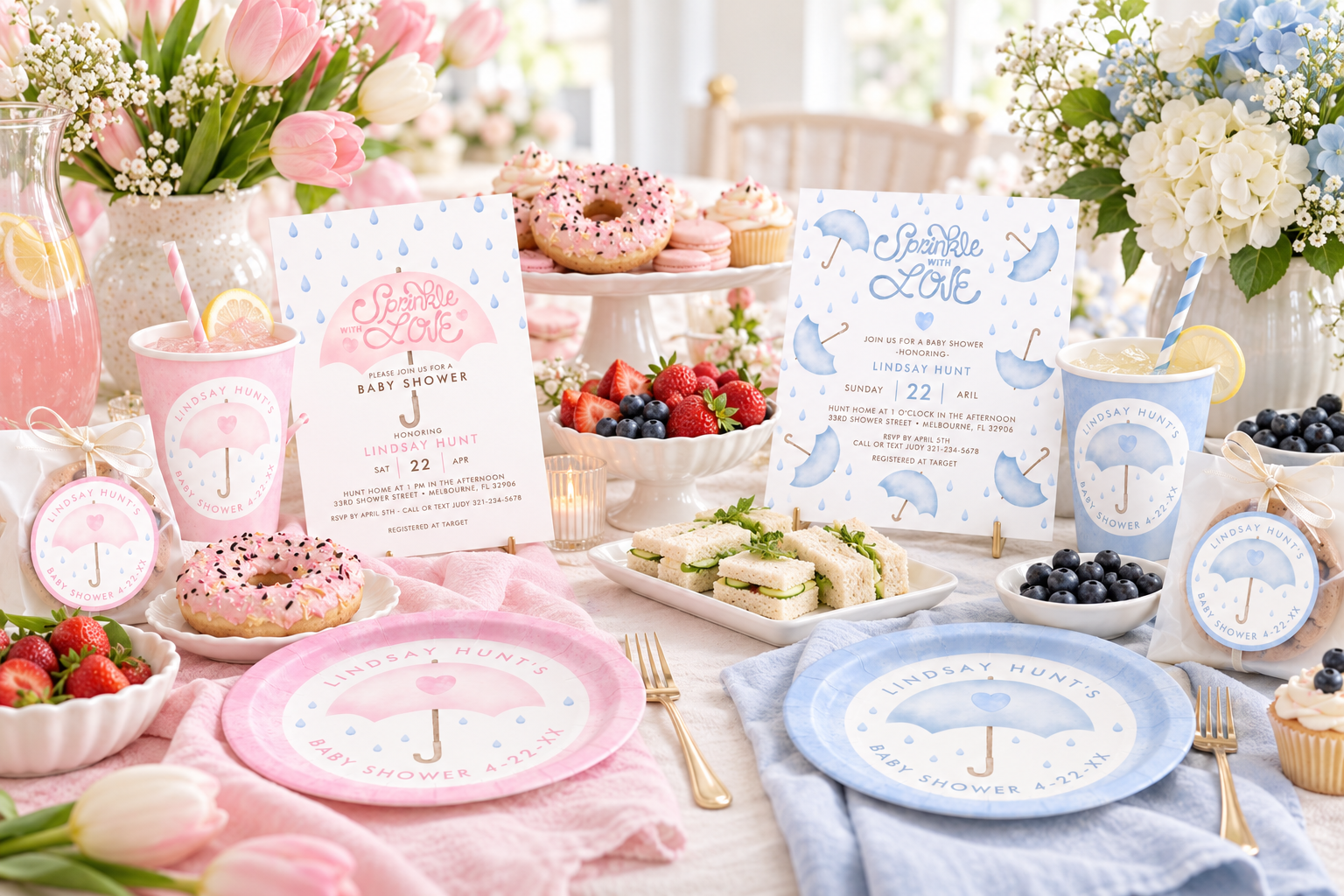 Afternoon baby shower table with pink and blue Umbrella Sprinkle invitations, matching paper cups and plates, cookie favors, donuts, tea sandwiches, berries, lemonade, and pastel floral arrangements.