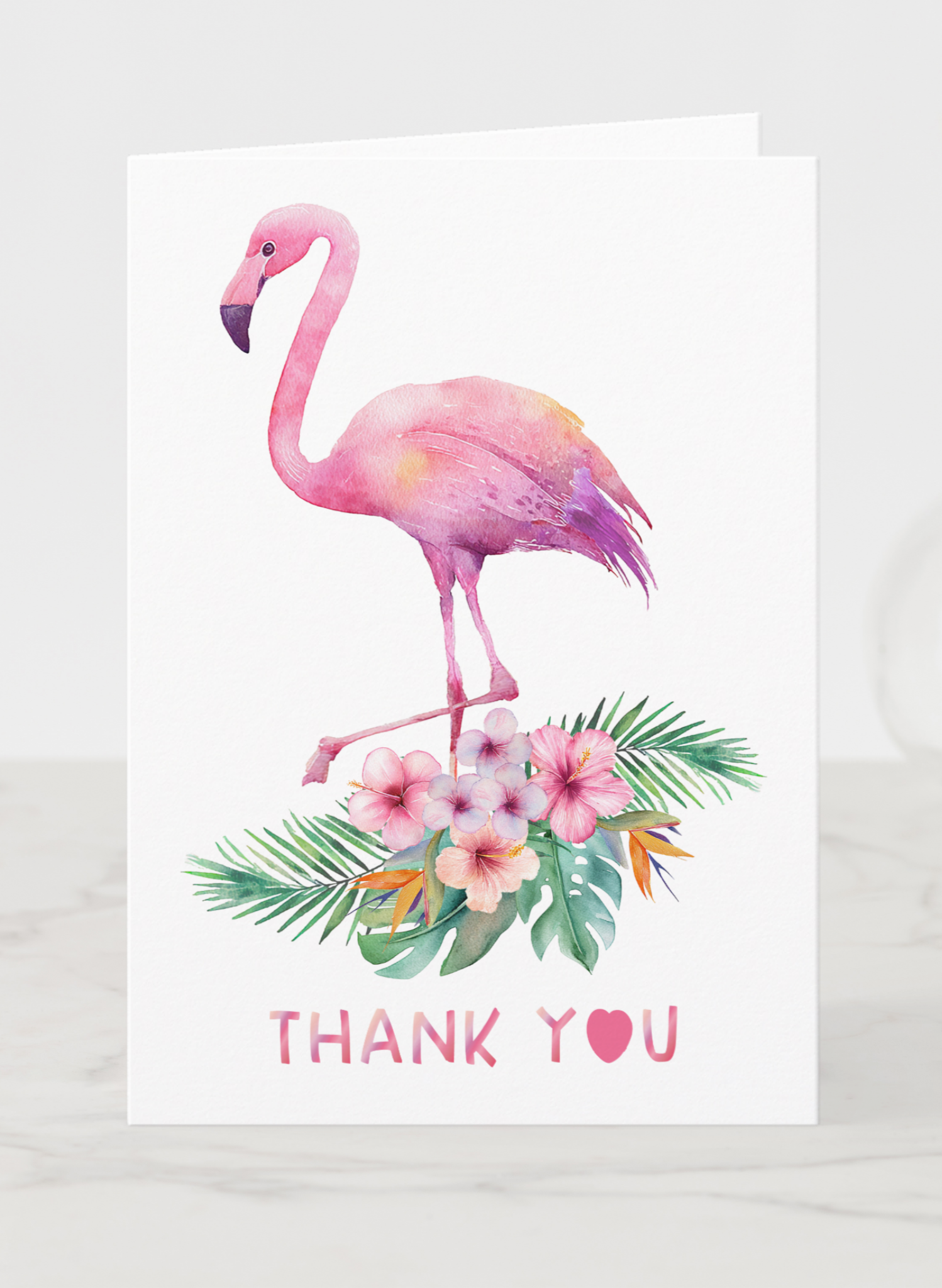 Tropical flamingo baby shower thank you card with watercolor flamingo