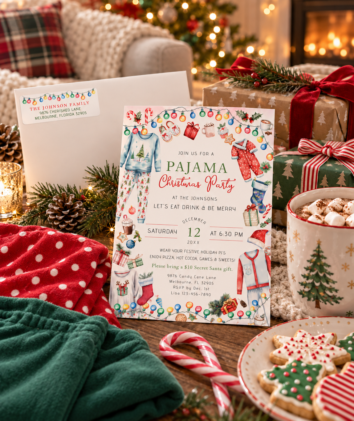 Christmas pajama party invitation styled with red polka dot and green pajamas, hot cocoa with marshmallows, Christmas cookies, wrapped gifts, candy cane, evergreen branches, and glowing tree lights.