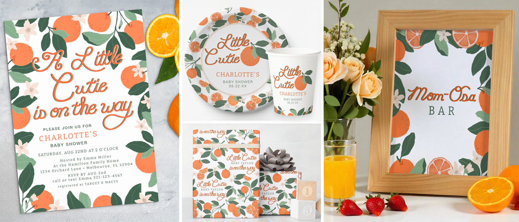 Little Cutie baby shower theme featuring a citrus-inspired invitation with oranges and greenery, matching plates, cups, gift wrap, and Mom-osa bar sign styled with fresh fruit.