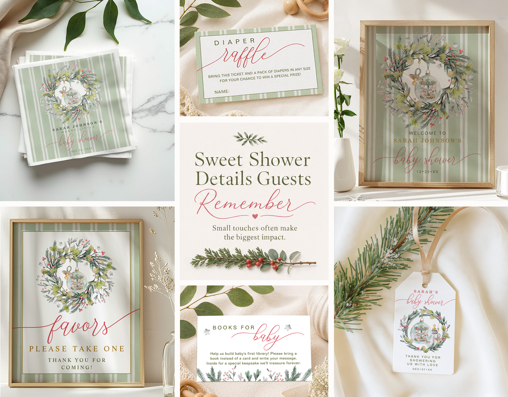 Editorial collage of coordinated baby shower stationery and decor in sage green and blush pink, featuring diaper raffle ticket, books for baby card, welcome sign, favor sign, personalized napkins, and gift tag arranged in a clean elegant layout.