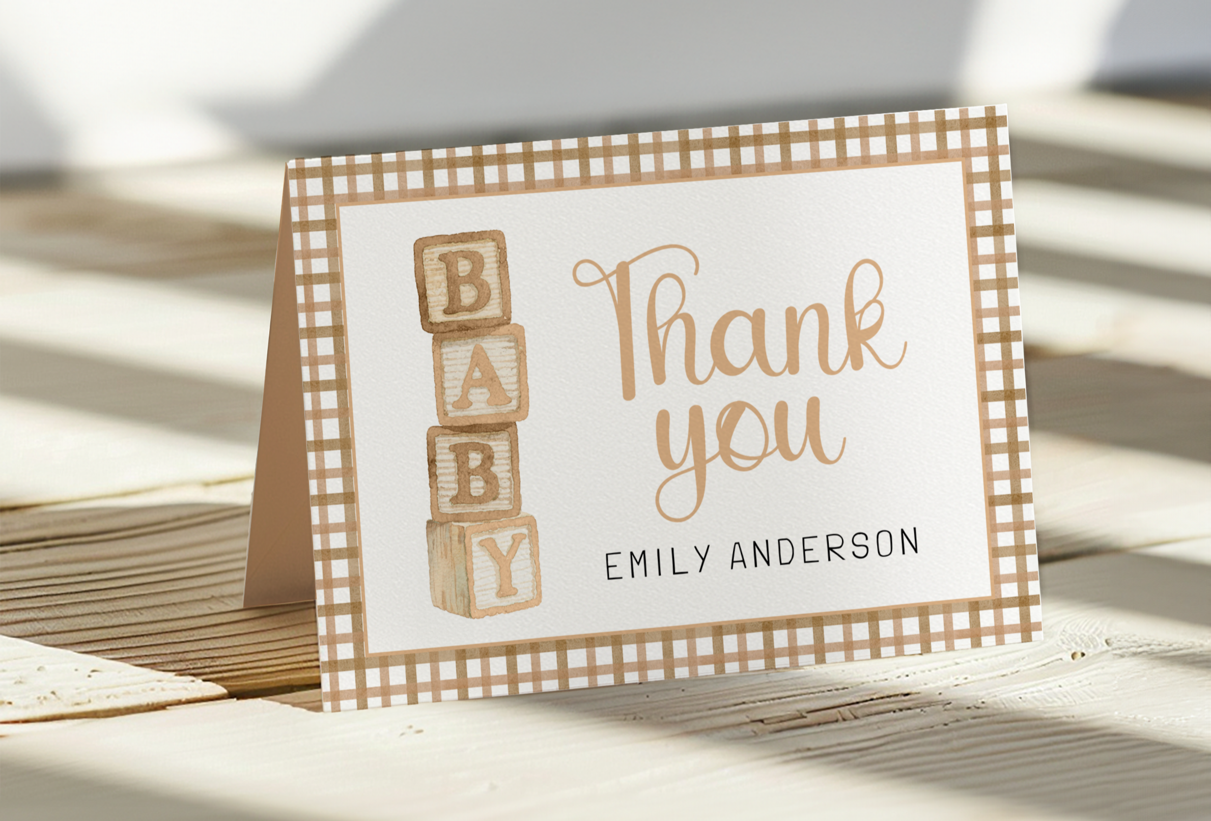 Neutral baby shower photo thank you card with baby blocks design and gingham accents.