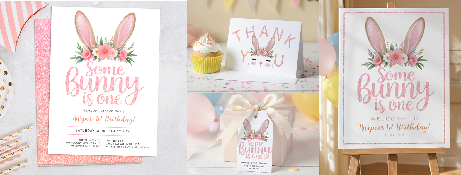 Some Bunny Is One first birthday party collection featuring a personalized bunny invitation, welcome sign, favor tag, and thank-you card with watercolor florals and pastel spring colors.