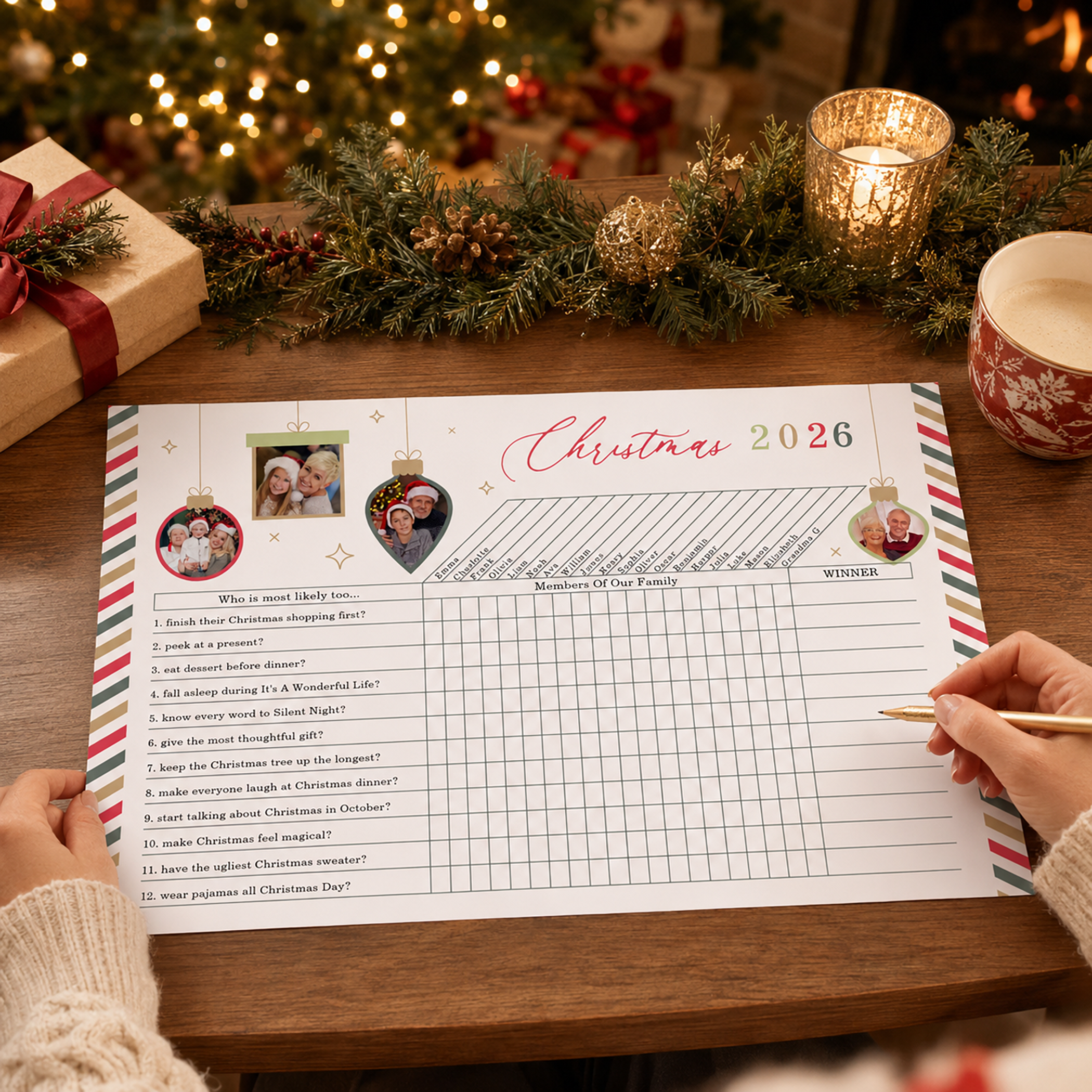 Christmas Most Likely To family game sheet on a decorated holiday table, with family names across the top, festive questions, wrapped gifts, evergreen garland, candlelight, and a Christmas tree in the background.
