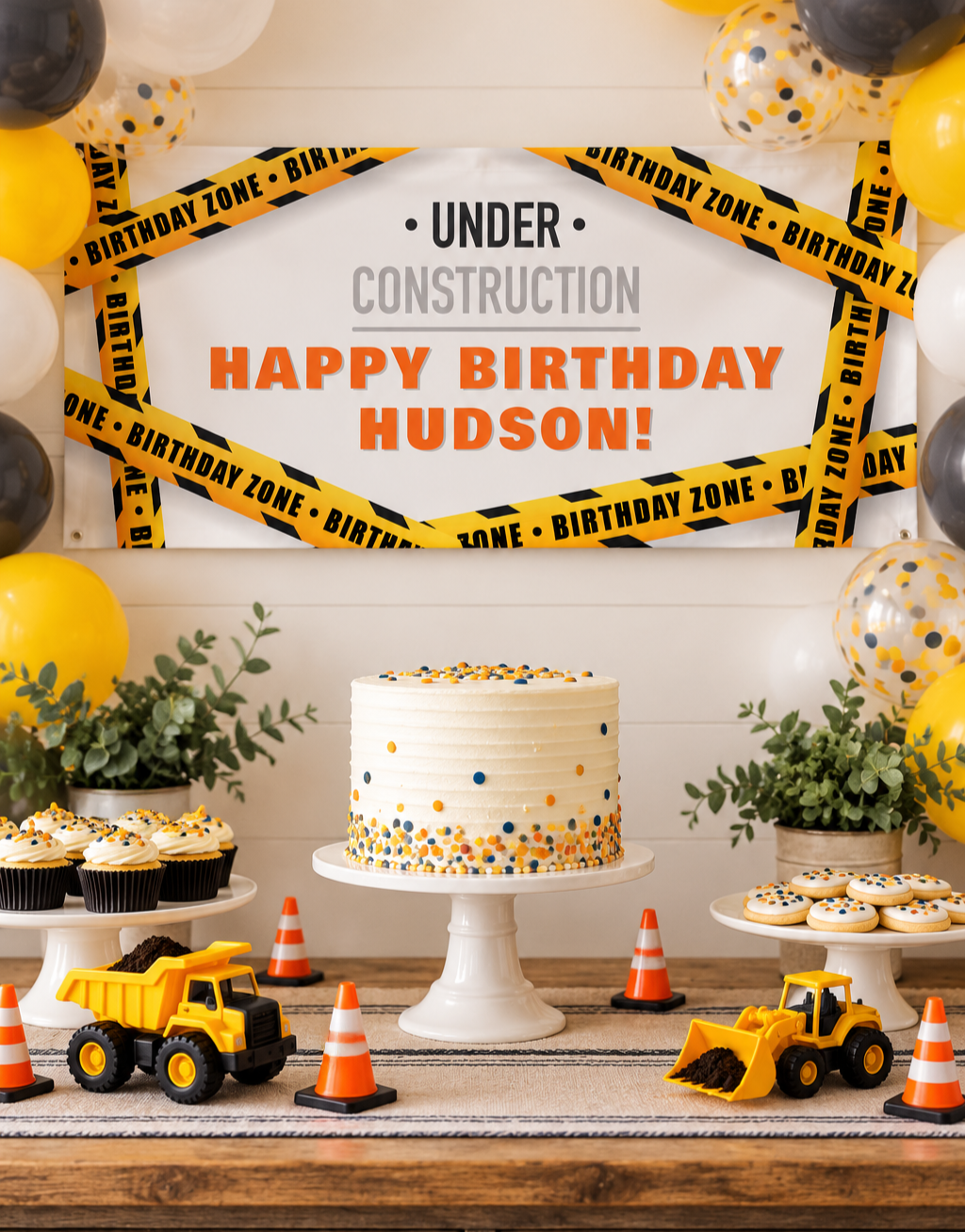 Construction birthday dessert table with personalized Hudson birthday banner, white cake, yellow black and white balloons, cupcakes, cookies, toy dump truck, bulldozer, and traffic cones.