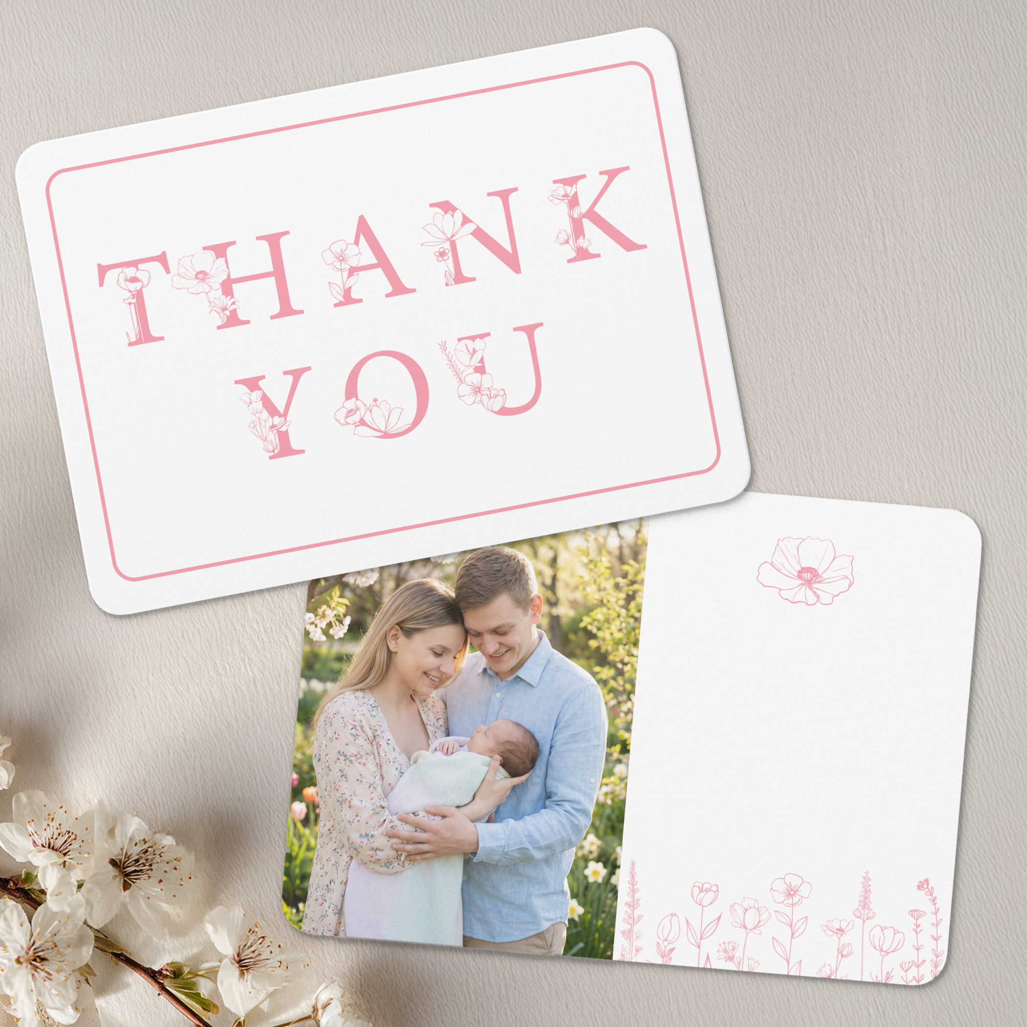 Dusty pink wildflower baby shower thank you card and personalized photo card with elegant floral border and soft neutral styling