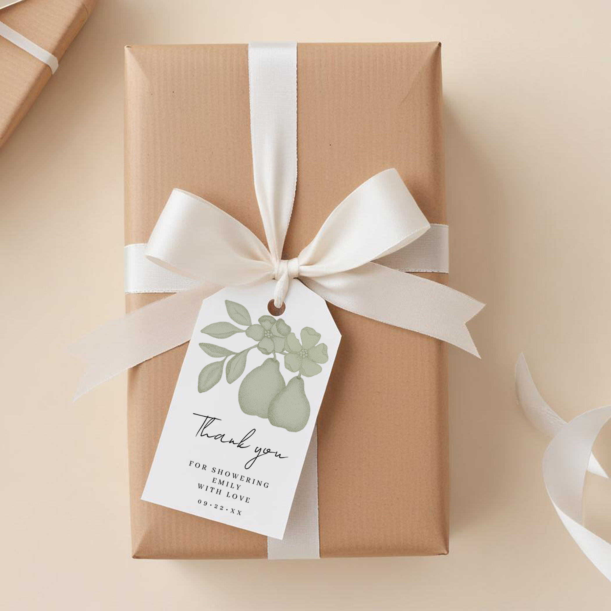 Perfect pear bridal shower thank you gift tag tied to a wrapped favor in sage green design