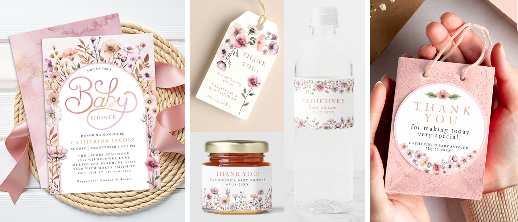 Wildflower baby shower theme featuring a dusty pink floral invitation with matching favor tags, water bottle label, honey jar label, and thank you sticker displayed with soft pastel accents.