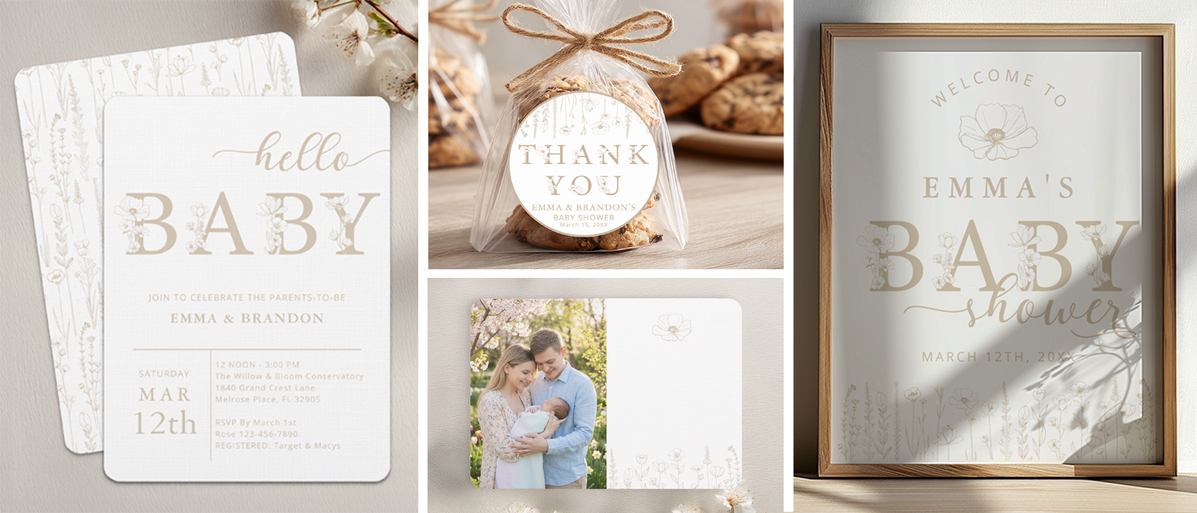 Neutral baby shower stationery suite featuring an elegant beige “Hello Baby” invitation, matching welcome sign, thank you favor tag on cookies, and modern botanical accents.