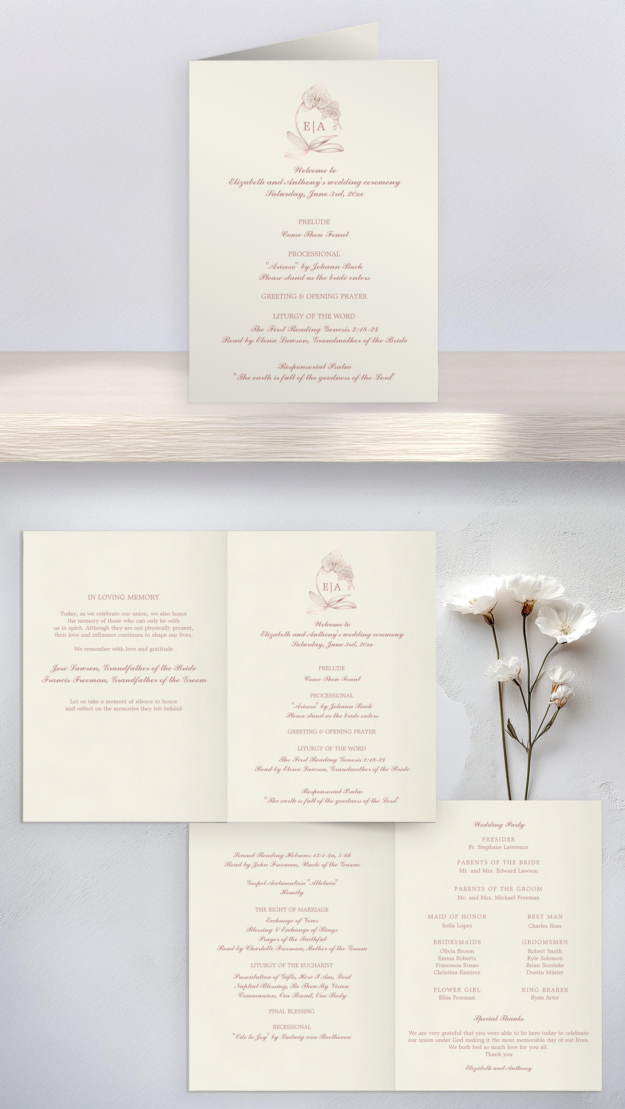 Catholic wedding mass program featuring an orchid monogram and traditional ceremony layout.