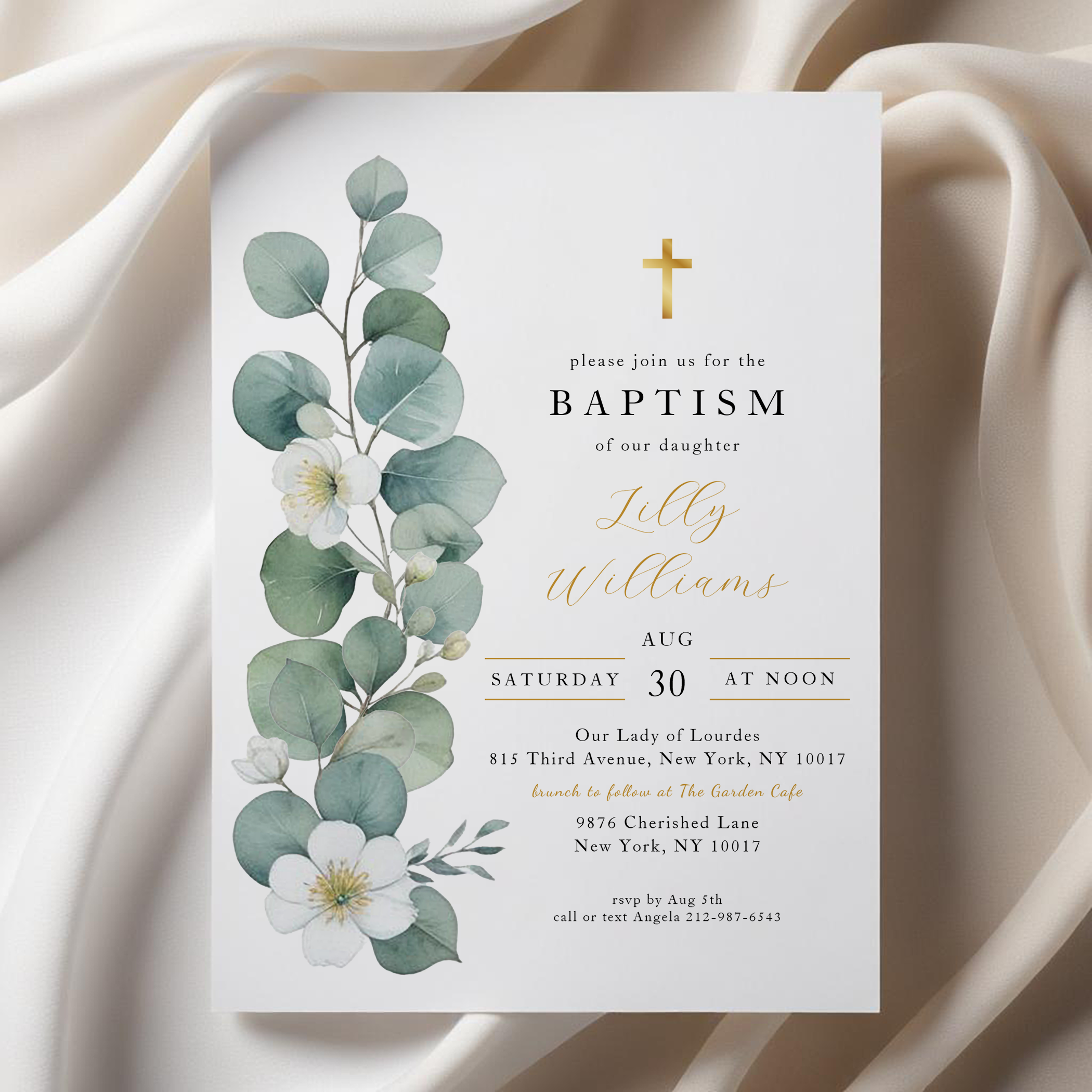 Elegant eucalyptus greenery and gold cross baptism invitation with modern typography and soft neutral styling.