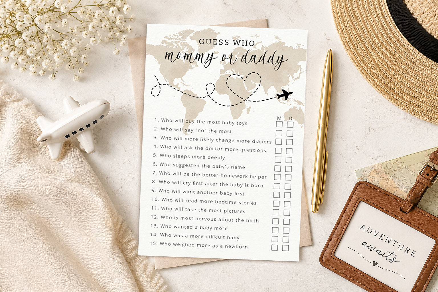 Travel-themed Mommy or Daddy baby shower game card styled with a vintage compass, luggage tag, airplane figurine, gold pen, and baby's breath flowers.