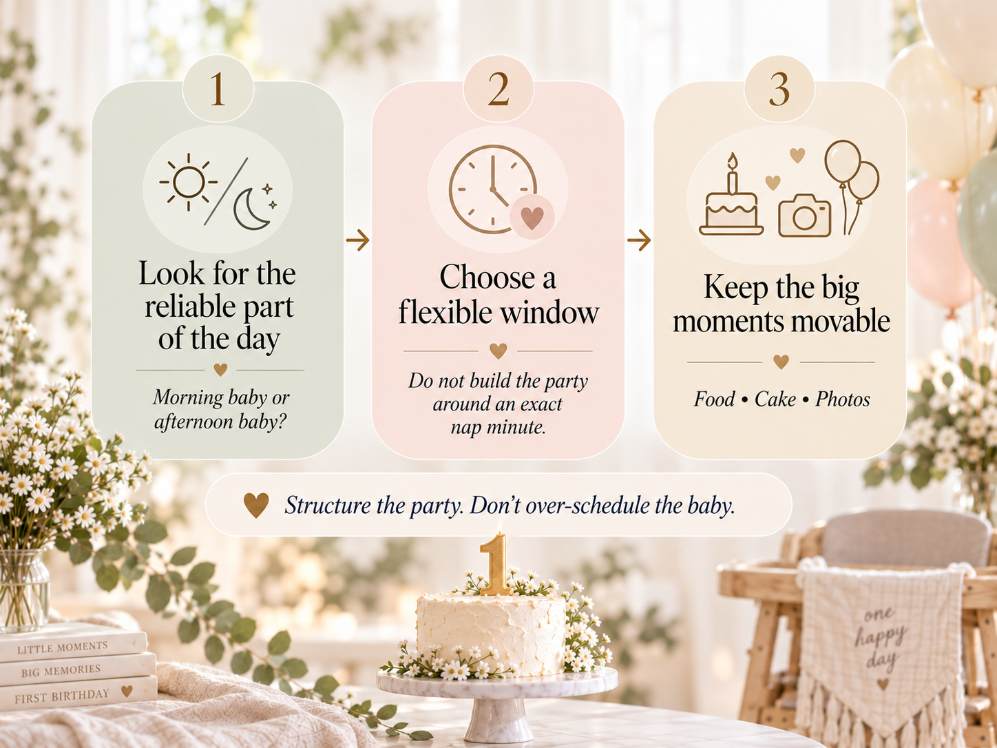 Infographic showing three flexible first birthday planning steps: choose the most reliable part of the day, pick a flexible party window, and keep food, cake, and photos movable.