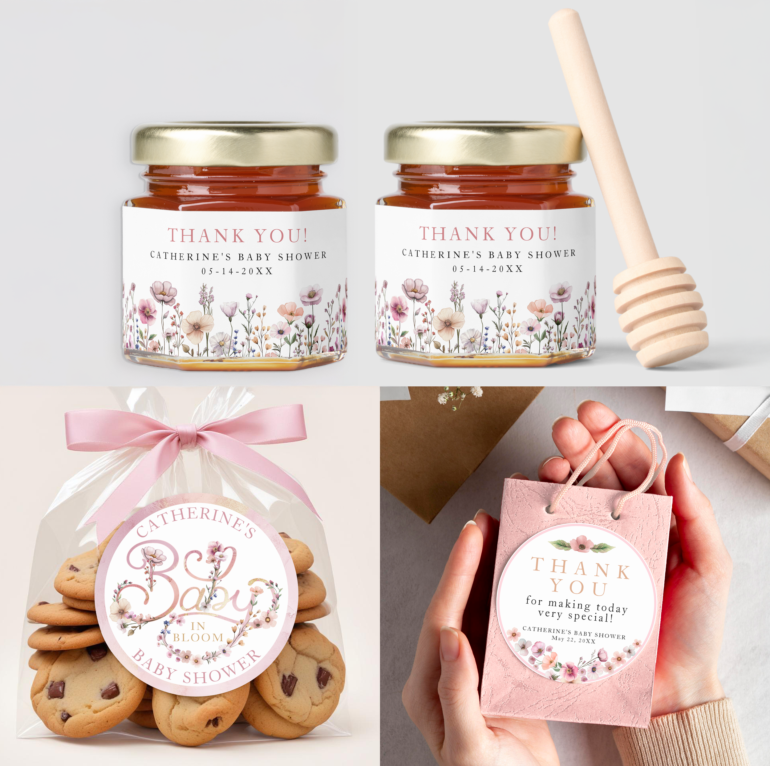Personalized baby shower honey jar favor with dusty pink wildflower label.
