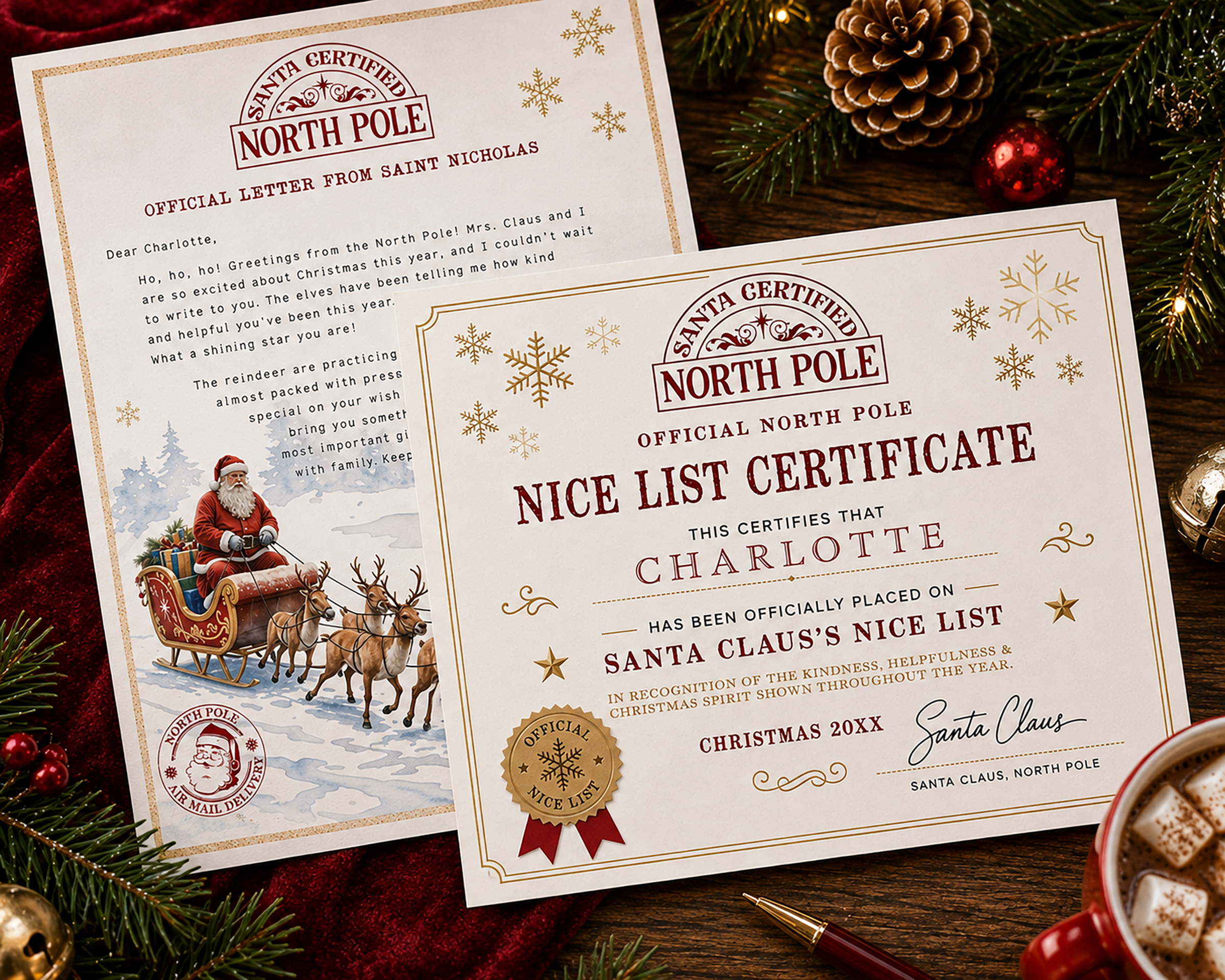 Personalized Santa Nice List Certificate for kids with North Pole details, gold seal, and Santa Claus signature.