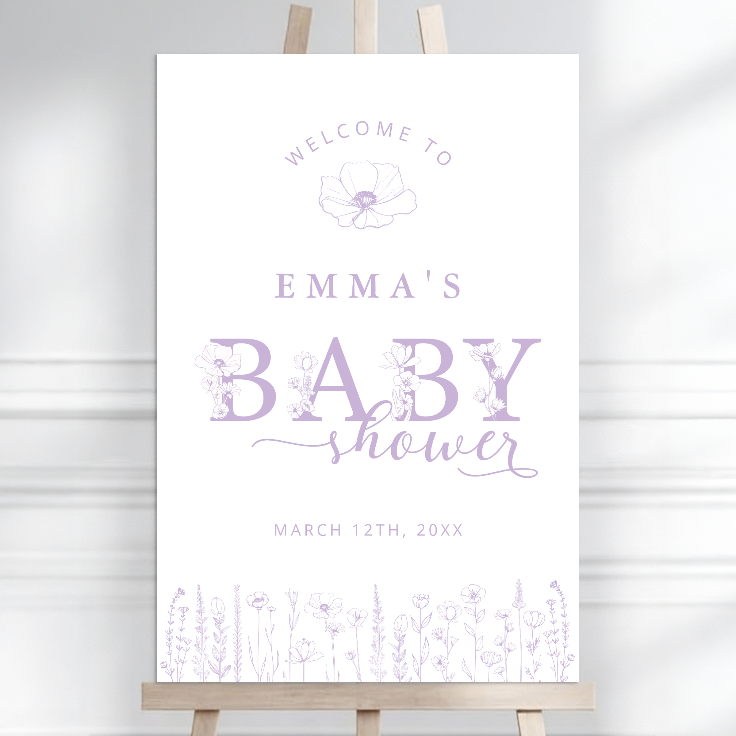 Lavender wildflower baby shower welcome sign with soft purple floral border and elegant typography