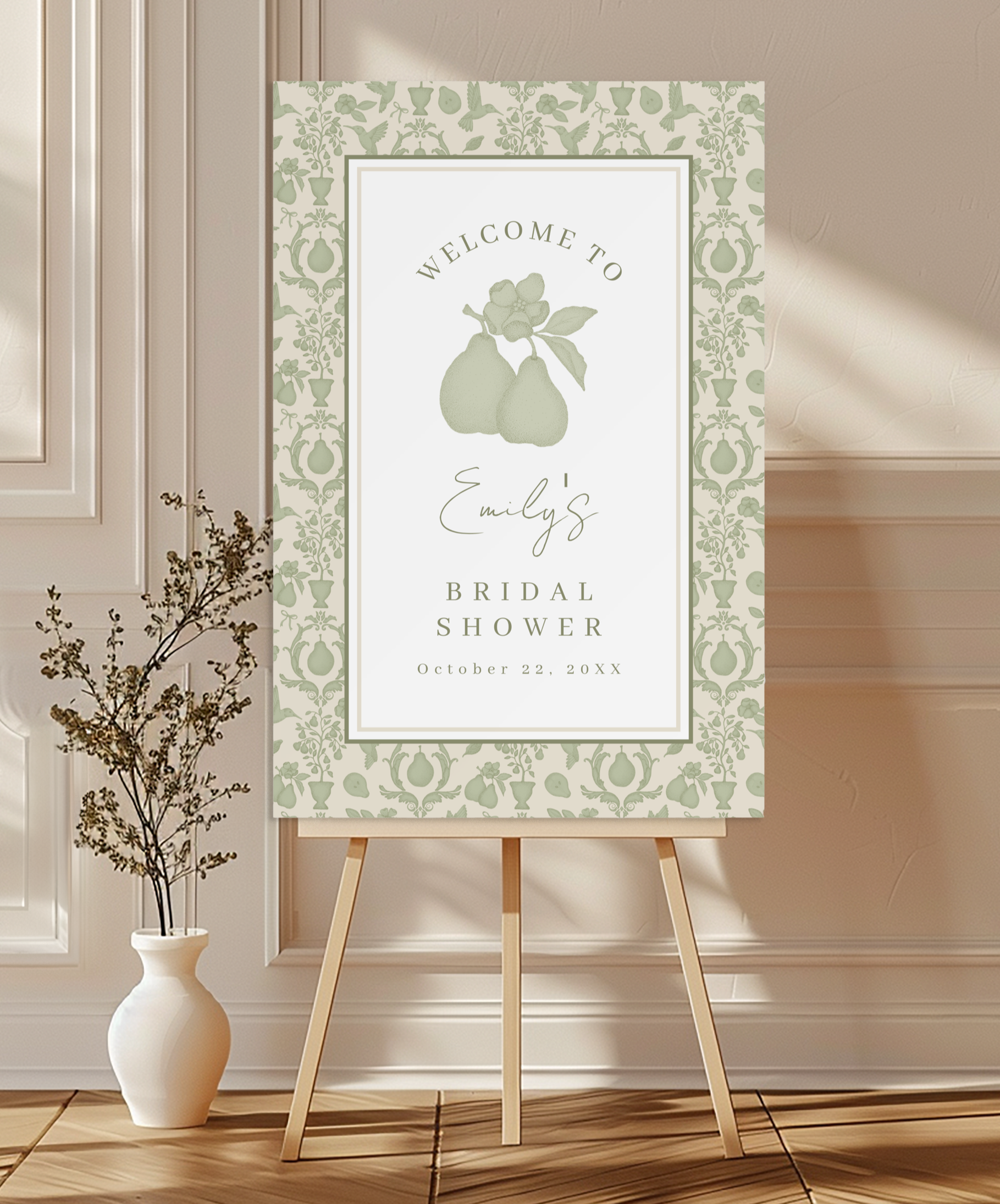 Perfect pear bridal shower table number card in sage green with delicate floral pear illustration