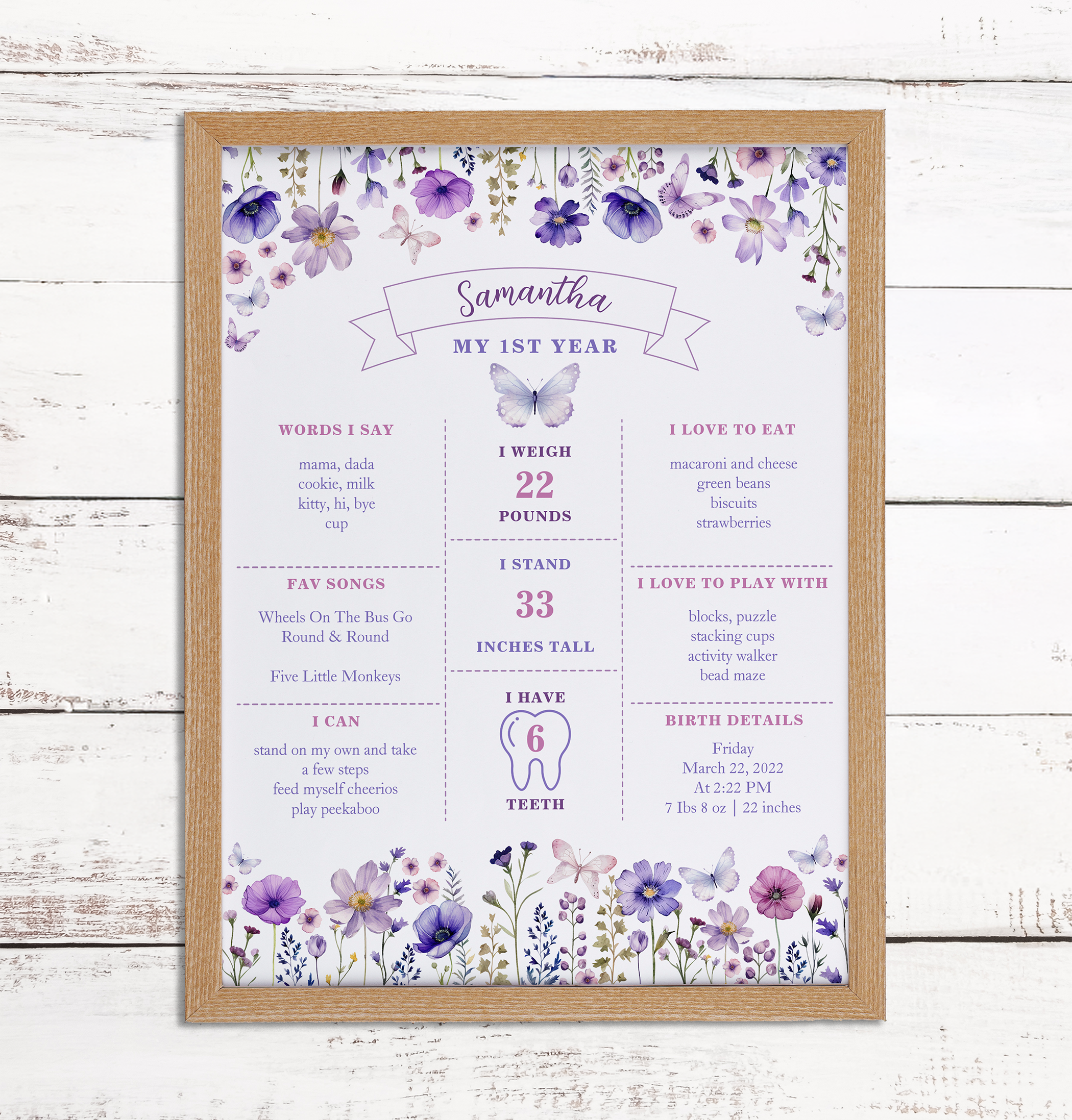 Purple wildflower “My First Year” milestone poster with butterfly accents and personalized first birthday details in a framed display.