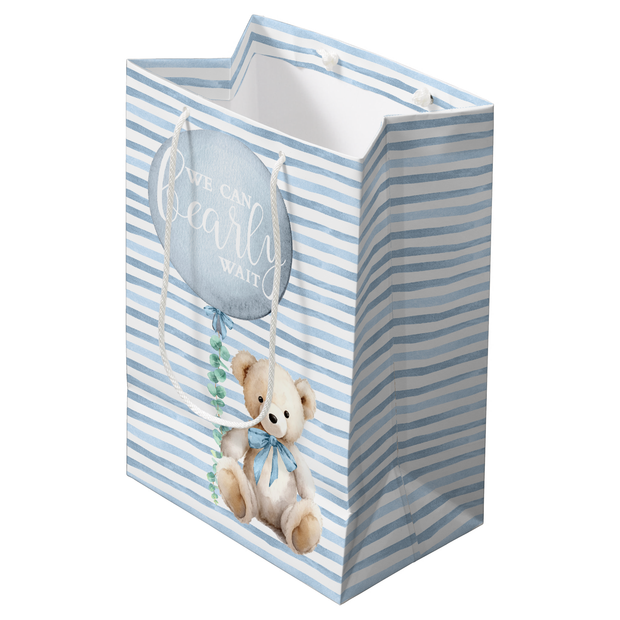 Blue striped teddy bear baby shower gift bag with watercolor balloon illustration.
