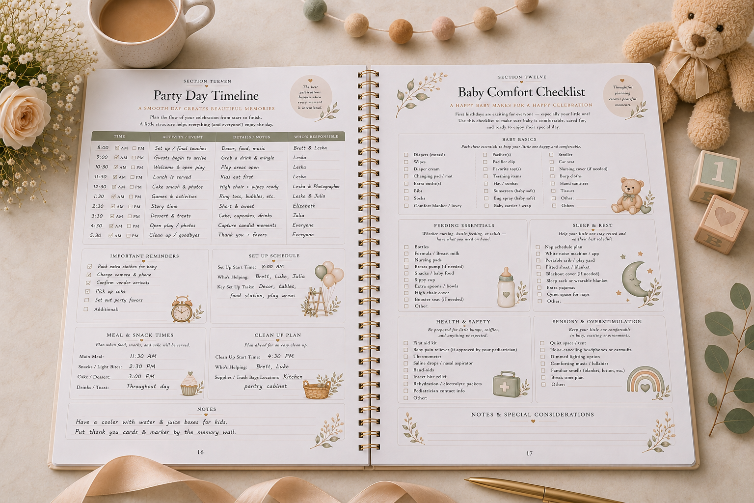 Open spiral-bound first birthday planning journal displayed on a neutral tabletop, featuring a Party Day Timeline page and a Baby Comfort Checklist page.