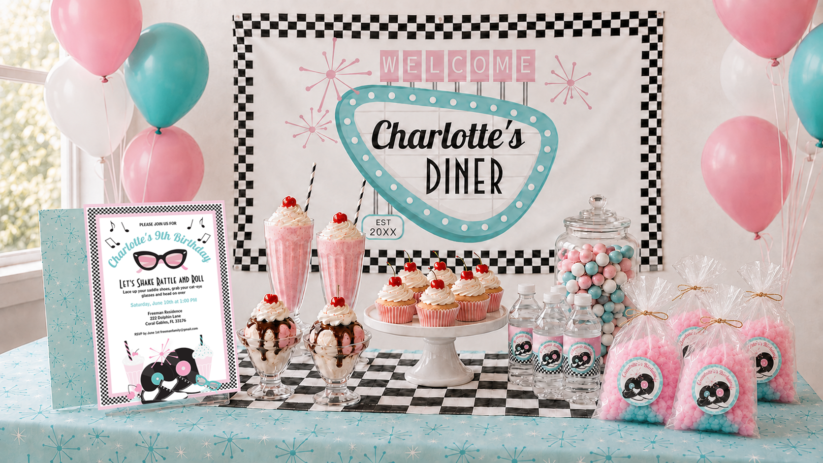 1950s diner birthday dessert table with a personalized invitation, welcome banner, pink milkshakes, cupcakes, balloons, and cotton-candy favors.