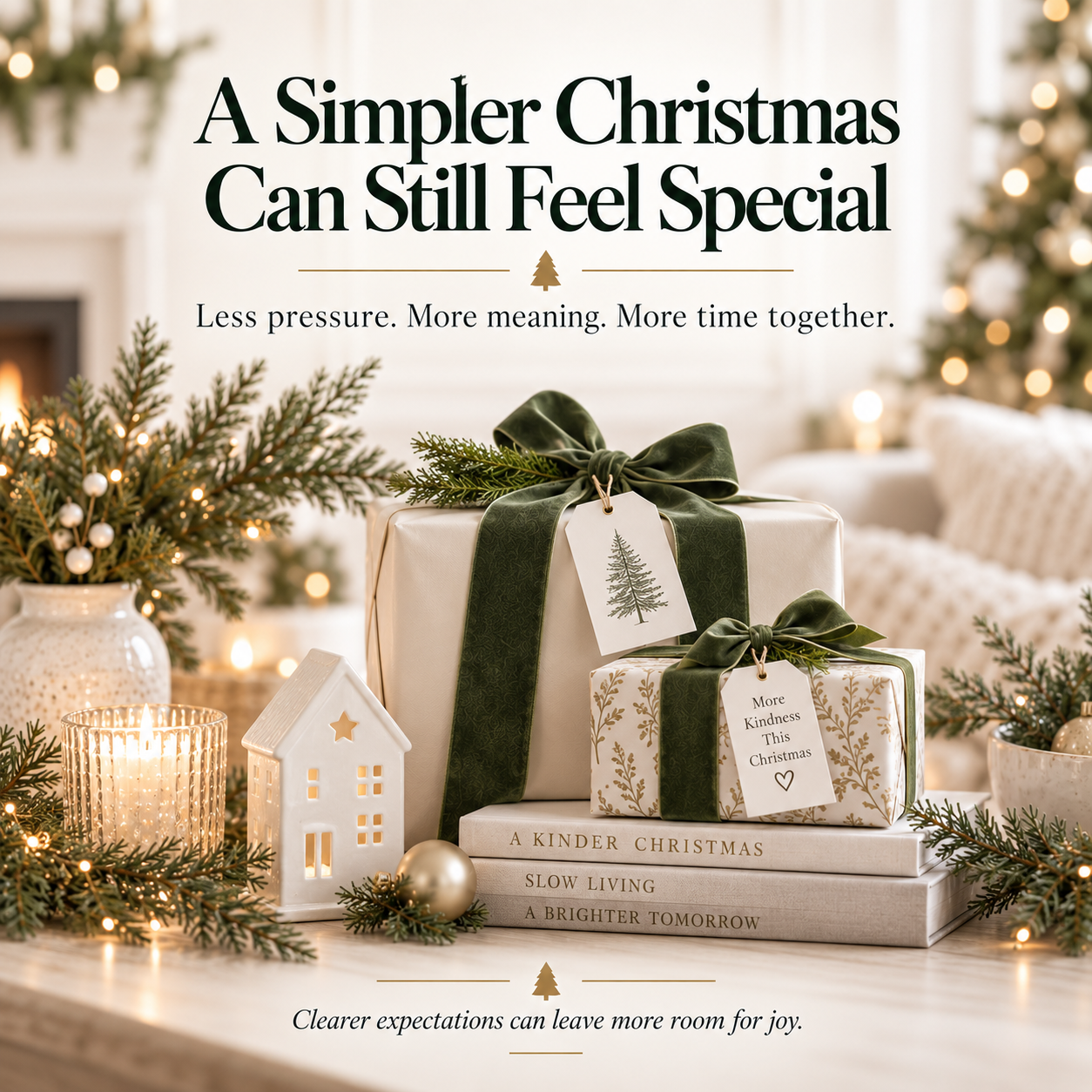 Minimal white Christmas scene with wrapped gifts, evergreen ribbon, candles, greenery, and the message that a simpler Christmas can still feel special.