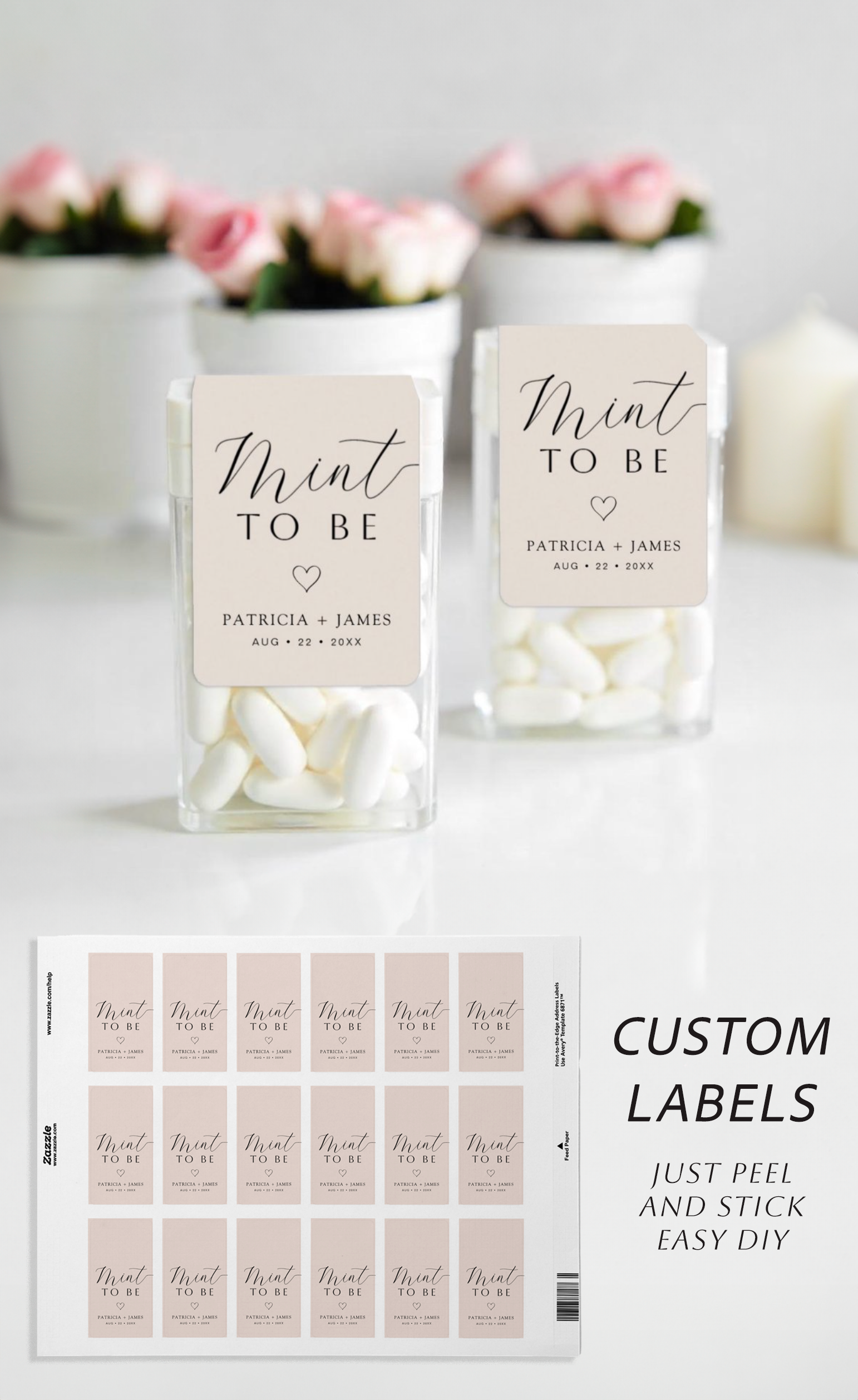 Minimal “Mint To Be” bridal shower favor labels in soft blush with modern calligraphy, shown on clear mint containers and a peel-and-stick sticker sheet.