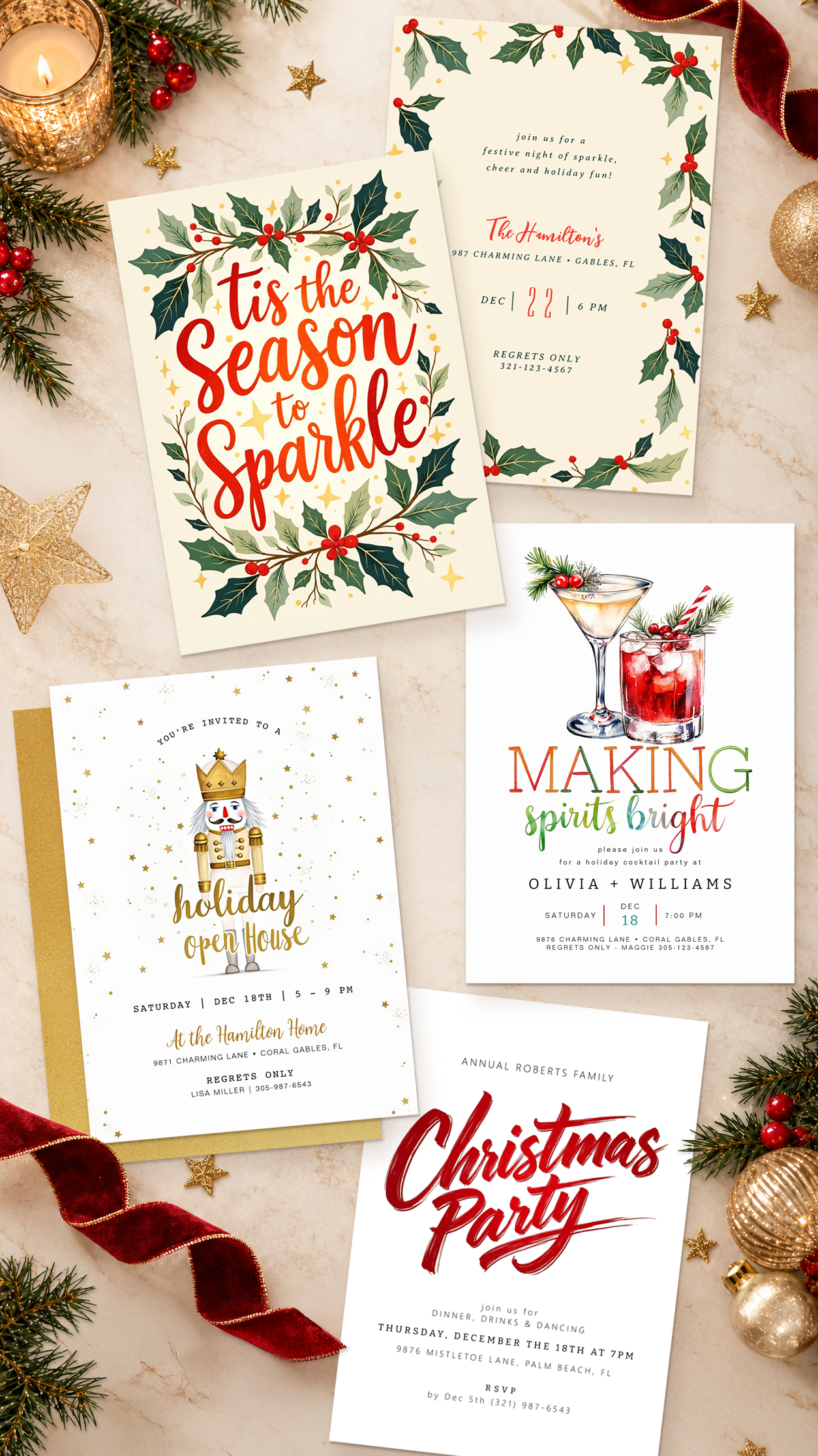 Four Chateau Whispers Christmas party invitations featuring a holiday cocktail party, nutcracker open house, holly Christmas gathering, and classic Christmas party design styled with greenery, red ribbon, gold ornaments, and candlelight.