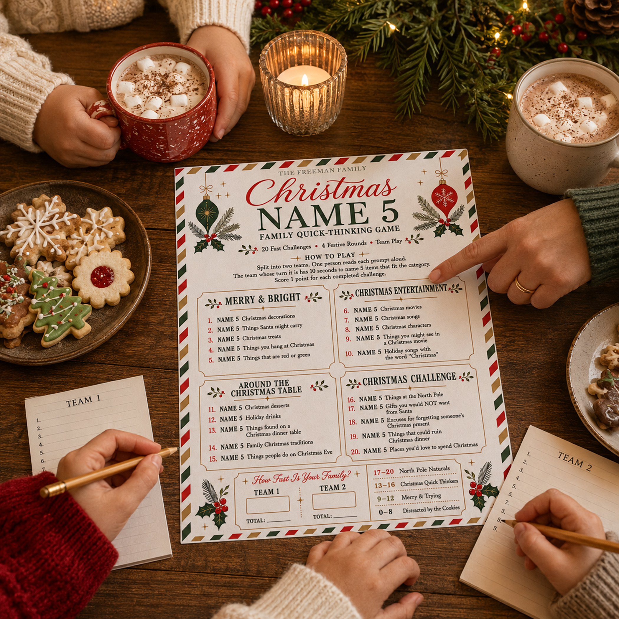 Family playing the Christmas Name 5 quick-thinking game in teams at a festive wooden table with answer sheets, pencils, hot cocoa, Christmas cookies, candles, and evergreen decorations.