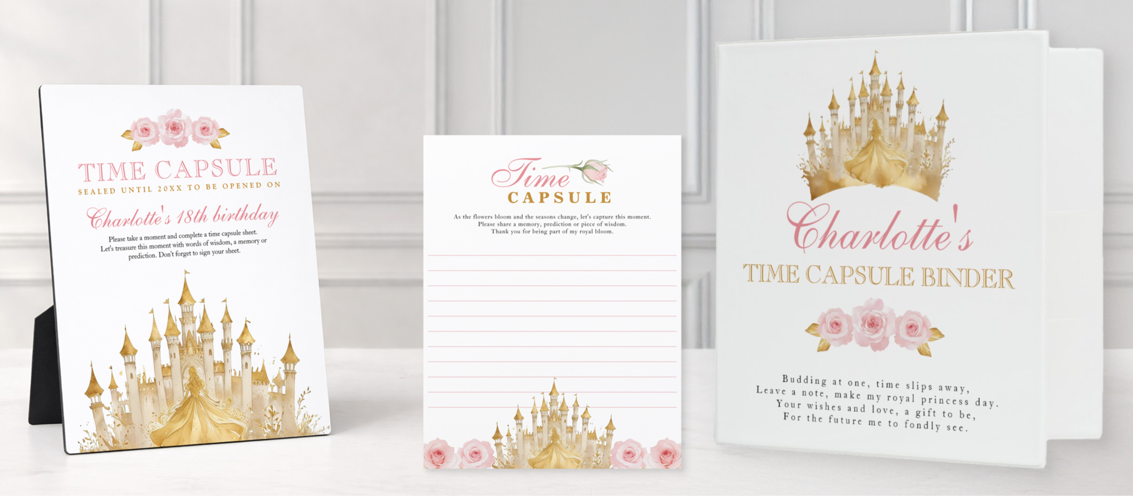 Pink and gold princess birthday time capsule set including table sign, guest activity cards, and personalized keepsake binder with castle and floral design
