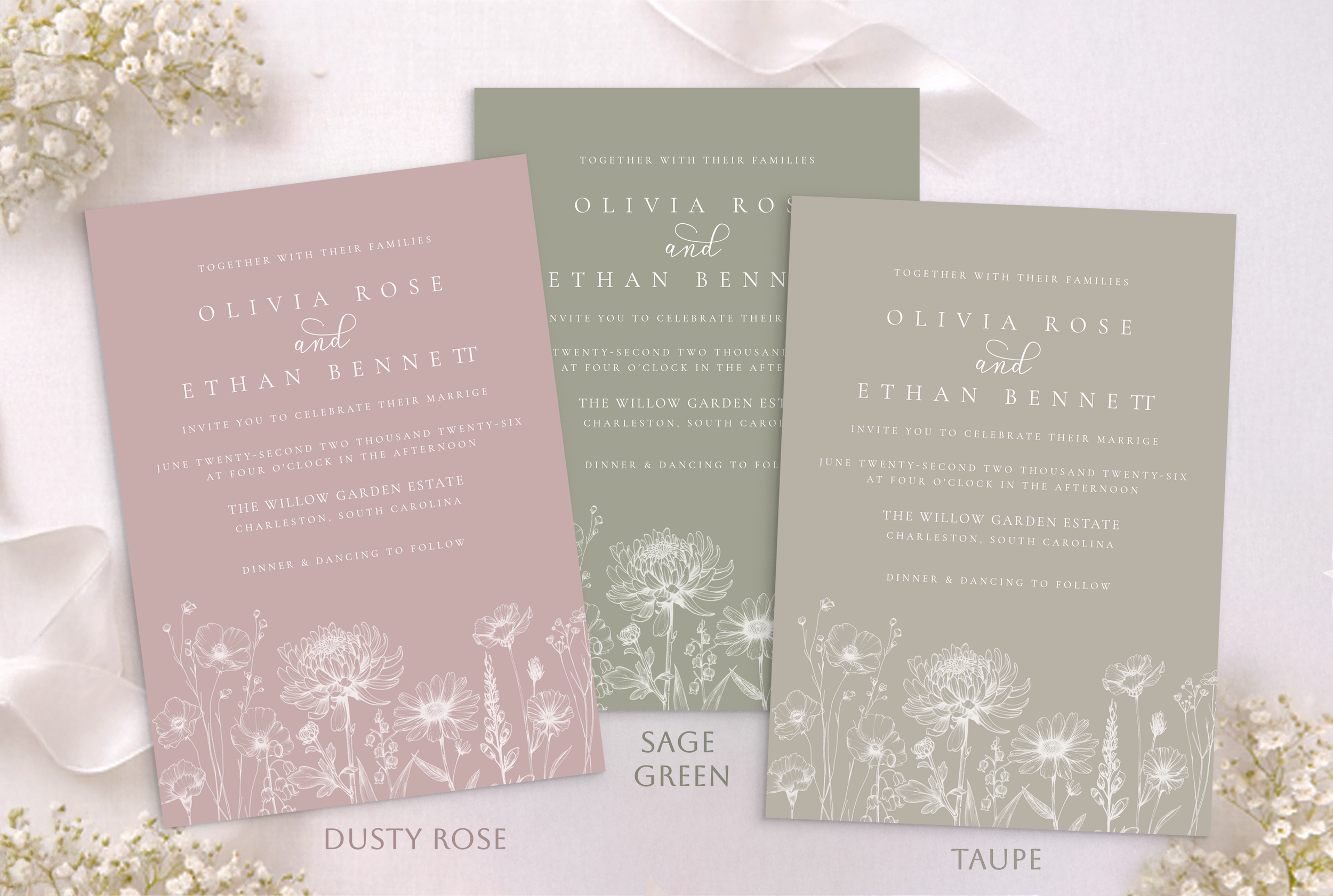 Dusty rose, sage green, and taupe botanical minimal wedding invitations displayed together showing cohesive neutral color palette