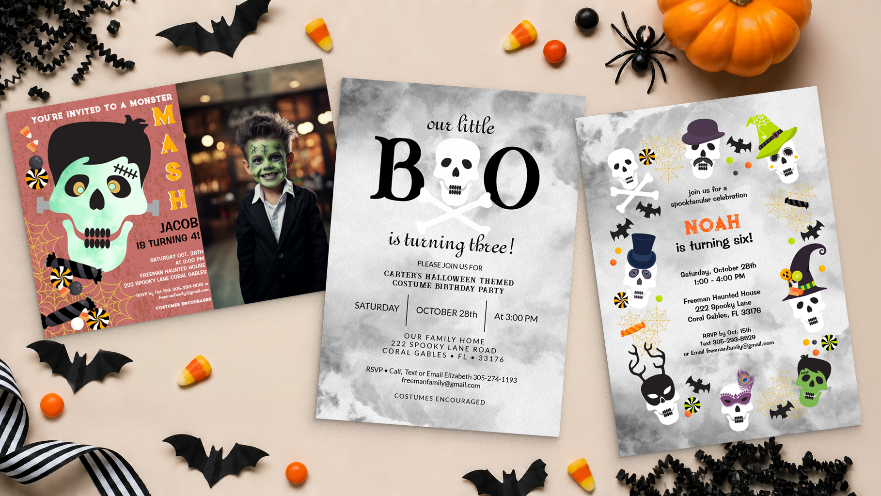 Three Halloween birthday invitations displayed in a styled flat lay, featuring a Monster Mash design, a black-and-white “Little Boo” theme, and a colorful spooky skull invitation surrounded by festive Halloween decorations.