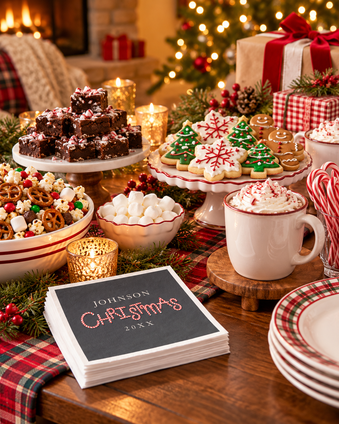 Christmas pajama party food and dessert table with cookies, mugs of hot cocoa, candy canes, holiday treats, and a stack of coordinating Christmas pajama party napkins in a warm, cozy holiday setting.