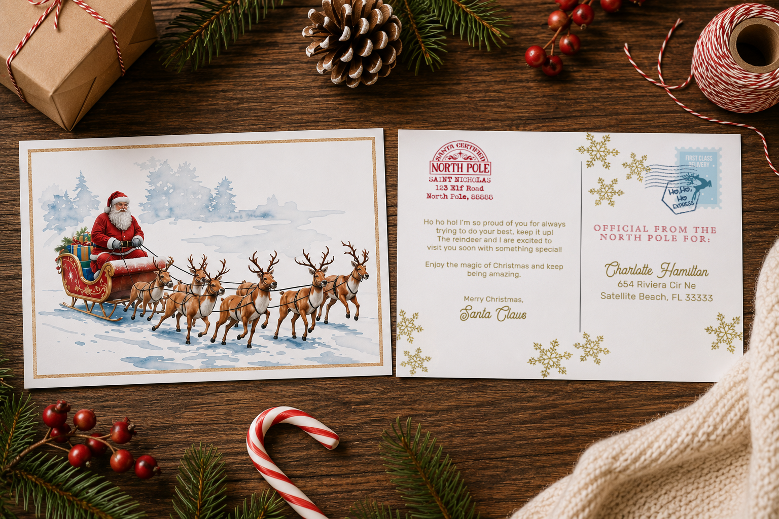 Personalized Santa postcard showing Santa’s sleigh and a North Pole Christmas message.