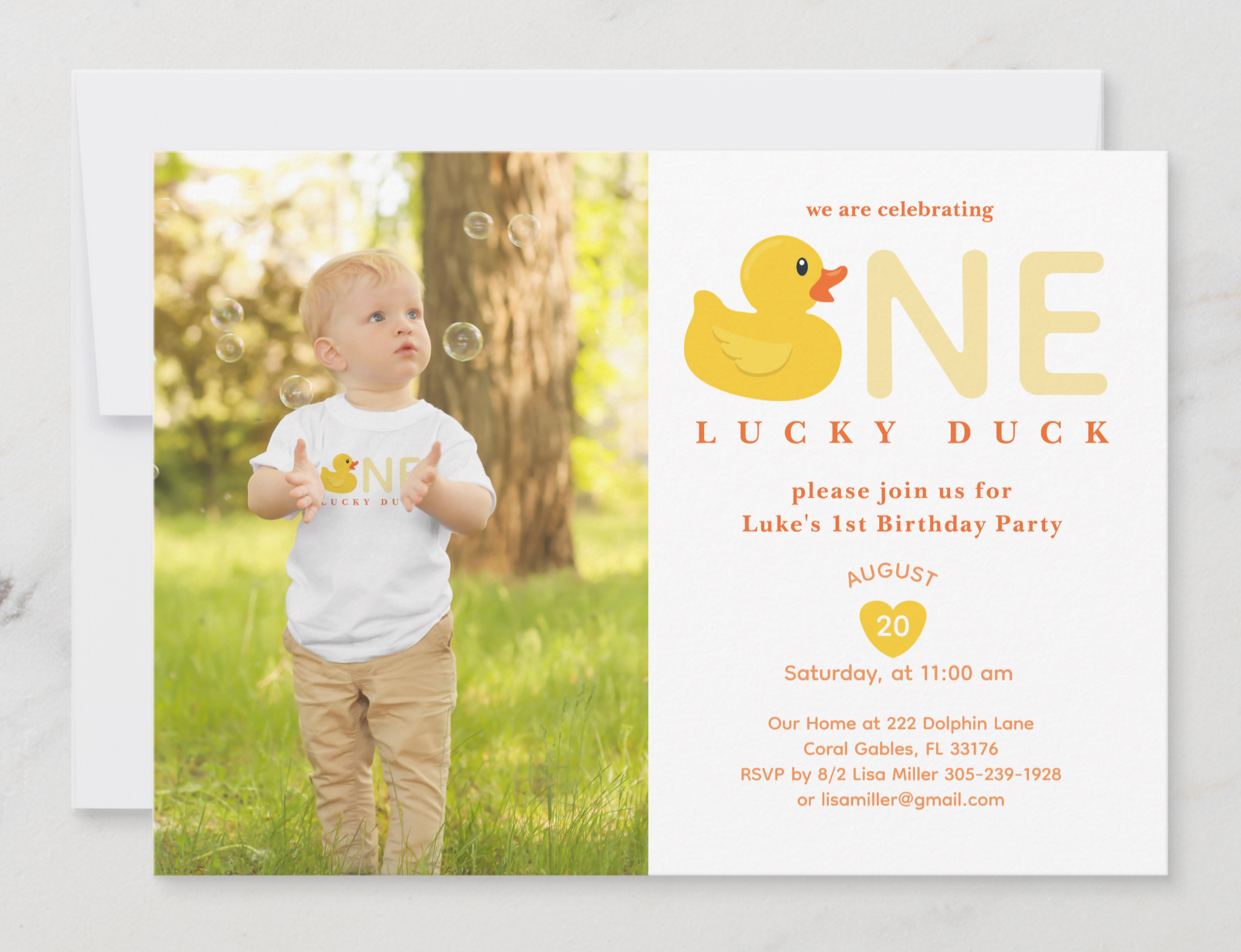 Photo first birthday invitation with One Lucky Duck design